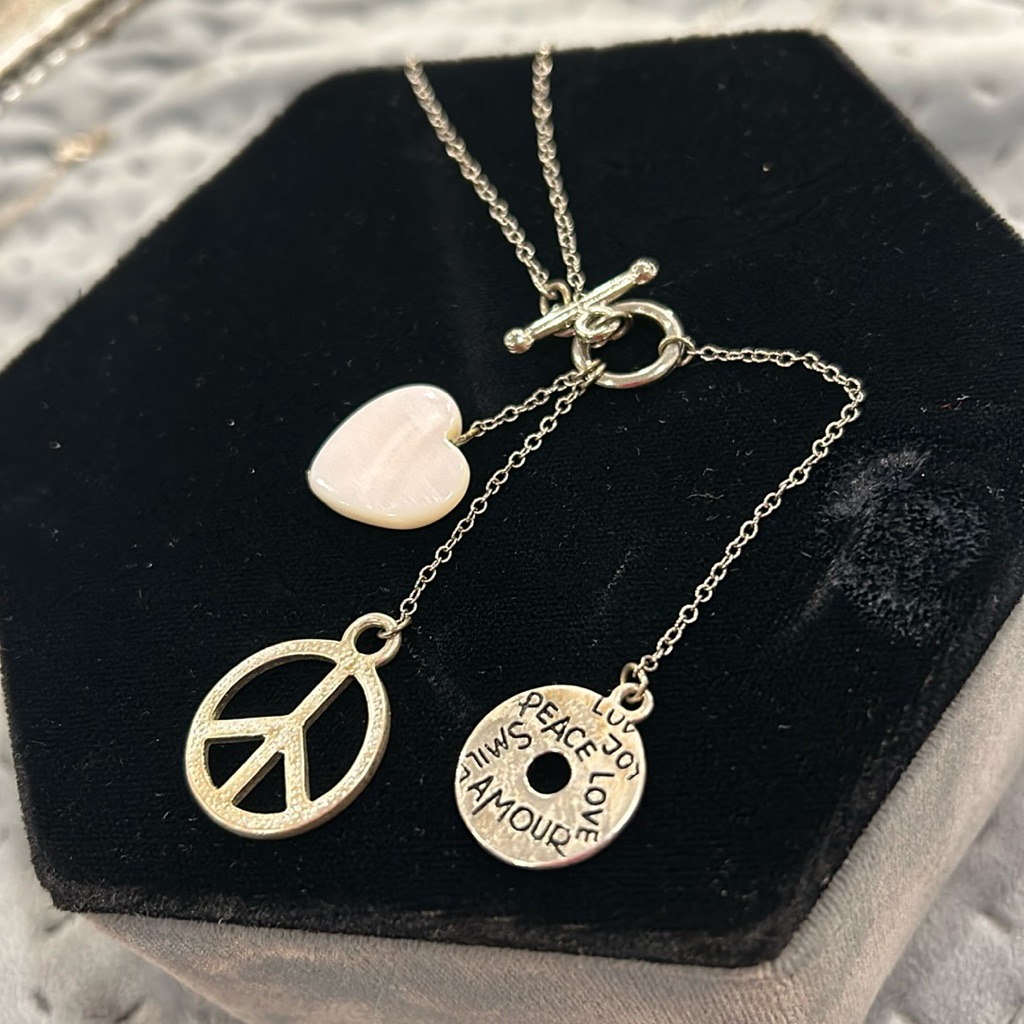 Heart, Peace Sign And Love Words Charms Toggle Necklace